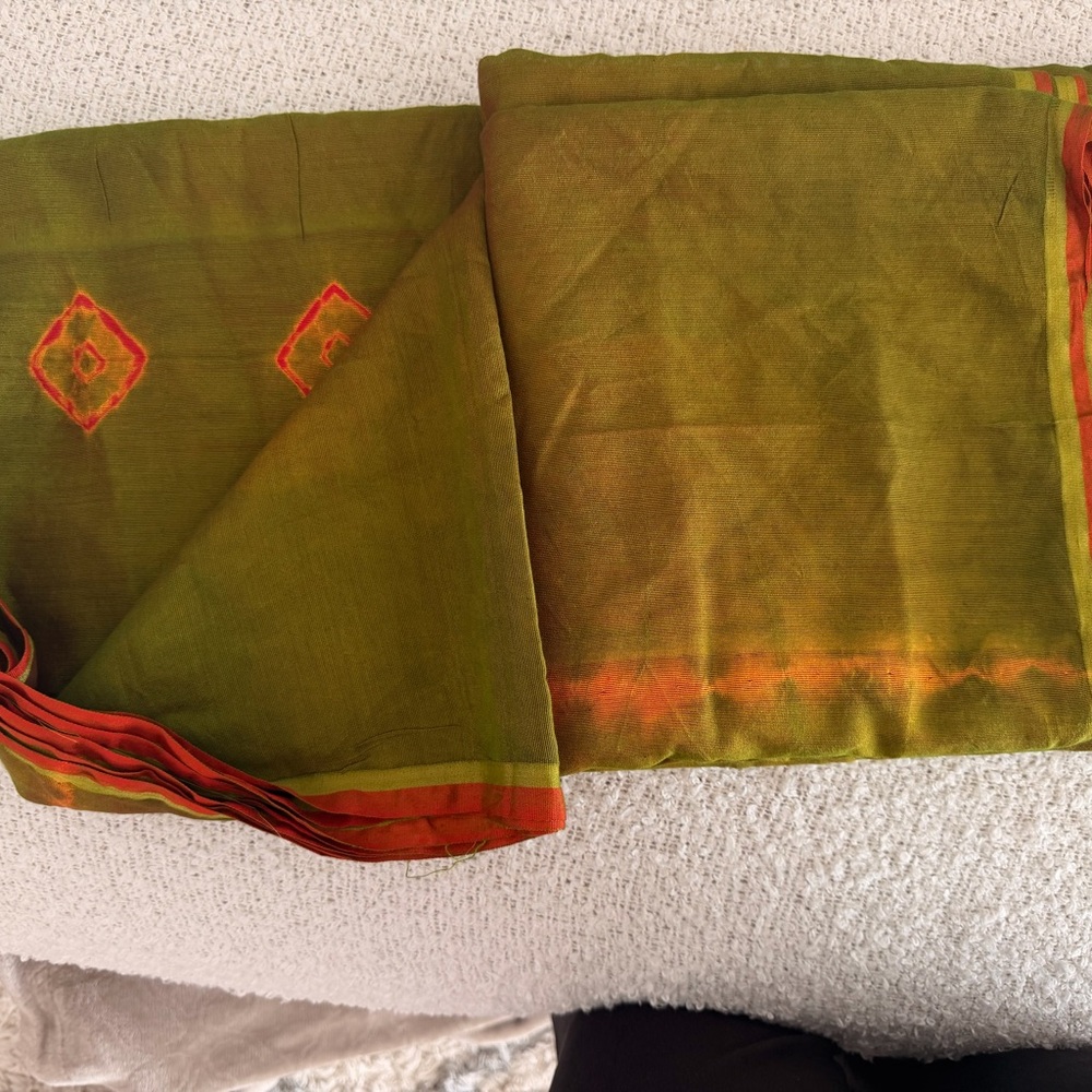 Saree Green and Orange Fabric with Geometric Patterns